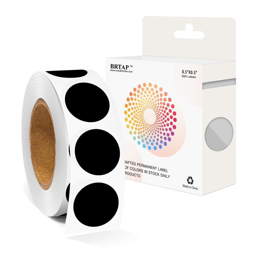 3341 1/2 Inch Round Color Coding Labels 500 Black Dots - Self-Adhesive Dot